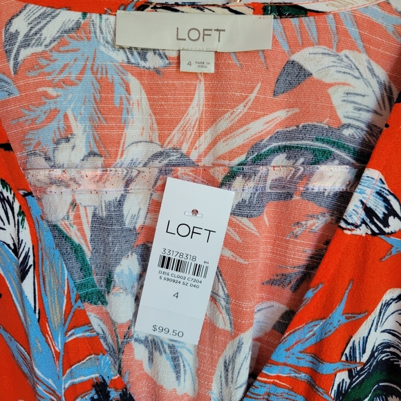 LOFT, New Red Botanical Tropical Floral V-Neck Button Tie Waist Midi Dress 4 - Picture 9 of 12